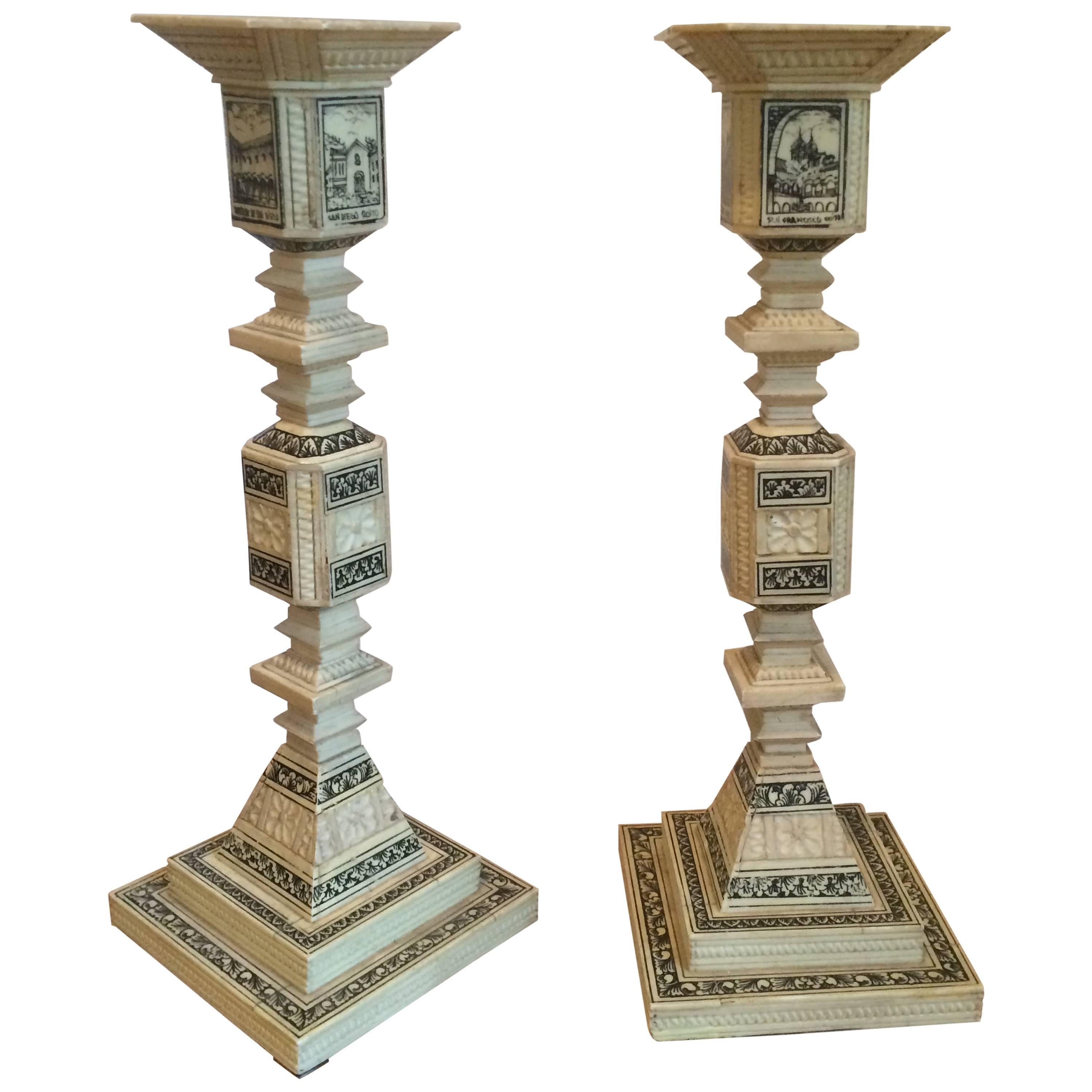 Pair of Unusual Carved Geometric Candlesticks