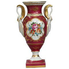 19th Century Paris Porcelain Red Vase with Swan-Shaped Handles