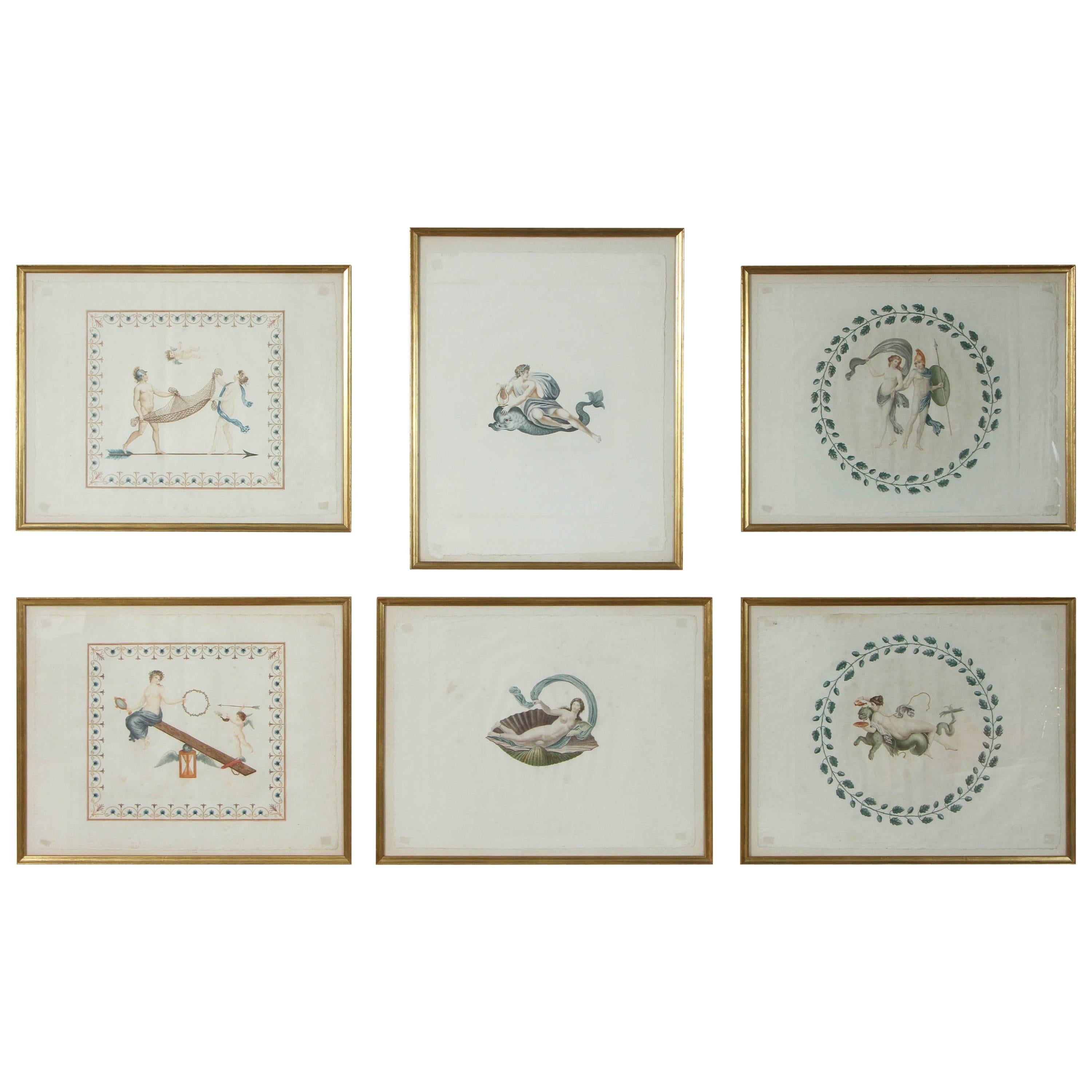Set of Six French Color-Printed Neoclassical Engravings, circa 1795