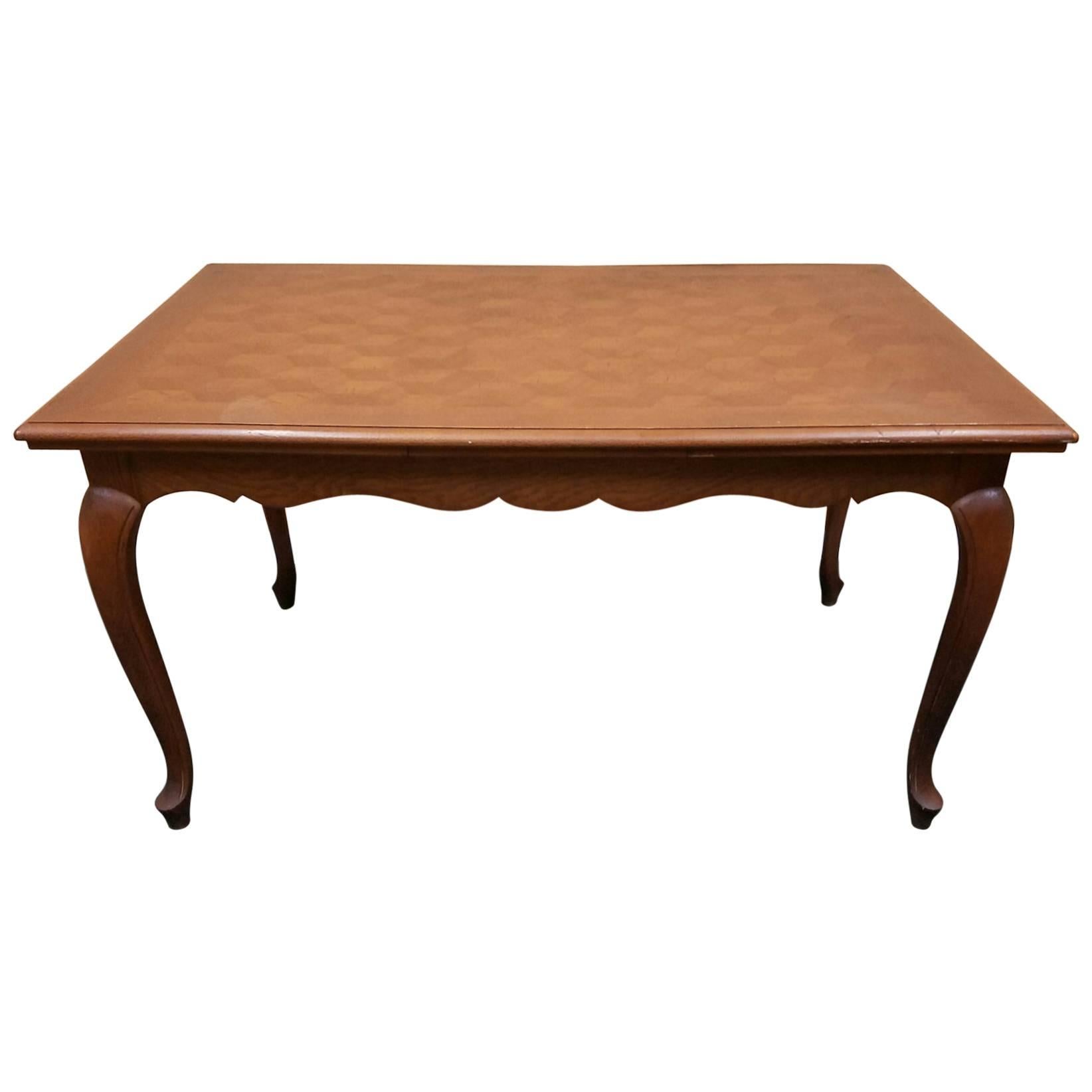 Country French Carved Oak Parquetry Top Dining Table For Sale