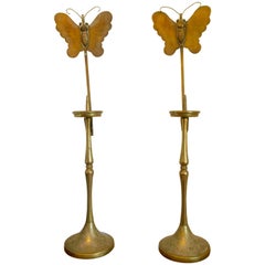 Antique Pair of Korean Choson Etched Brass Butterfly Candle Stands
