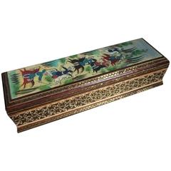 Persian Inlaid Pen Box with Painted Polo Players