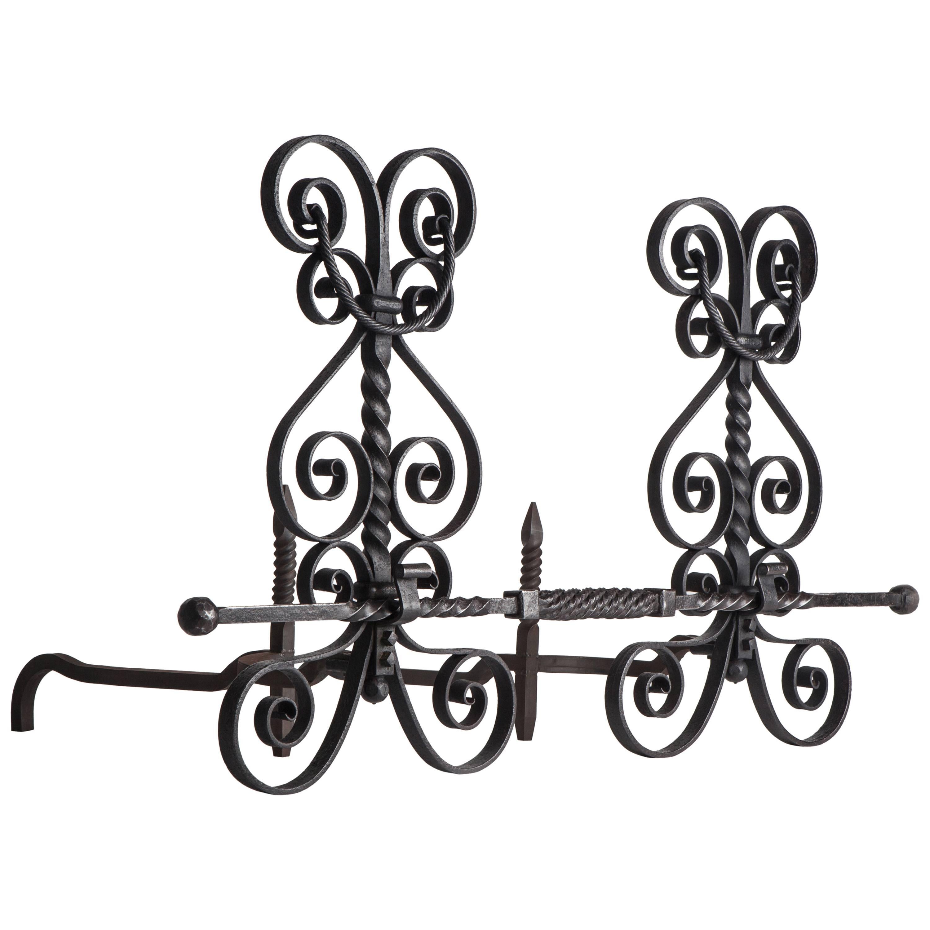 Wrought Iron Andirons with Scrolls and Twisted Central Fender Crossbar, c. 1880s For Sale