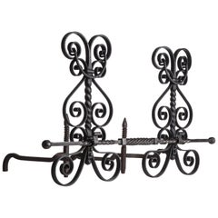 Antique Wrought Iron Andirons with Scrolls and Twisted Central Fender Crossbar, c. 1880s