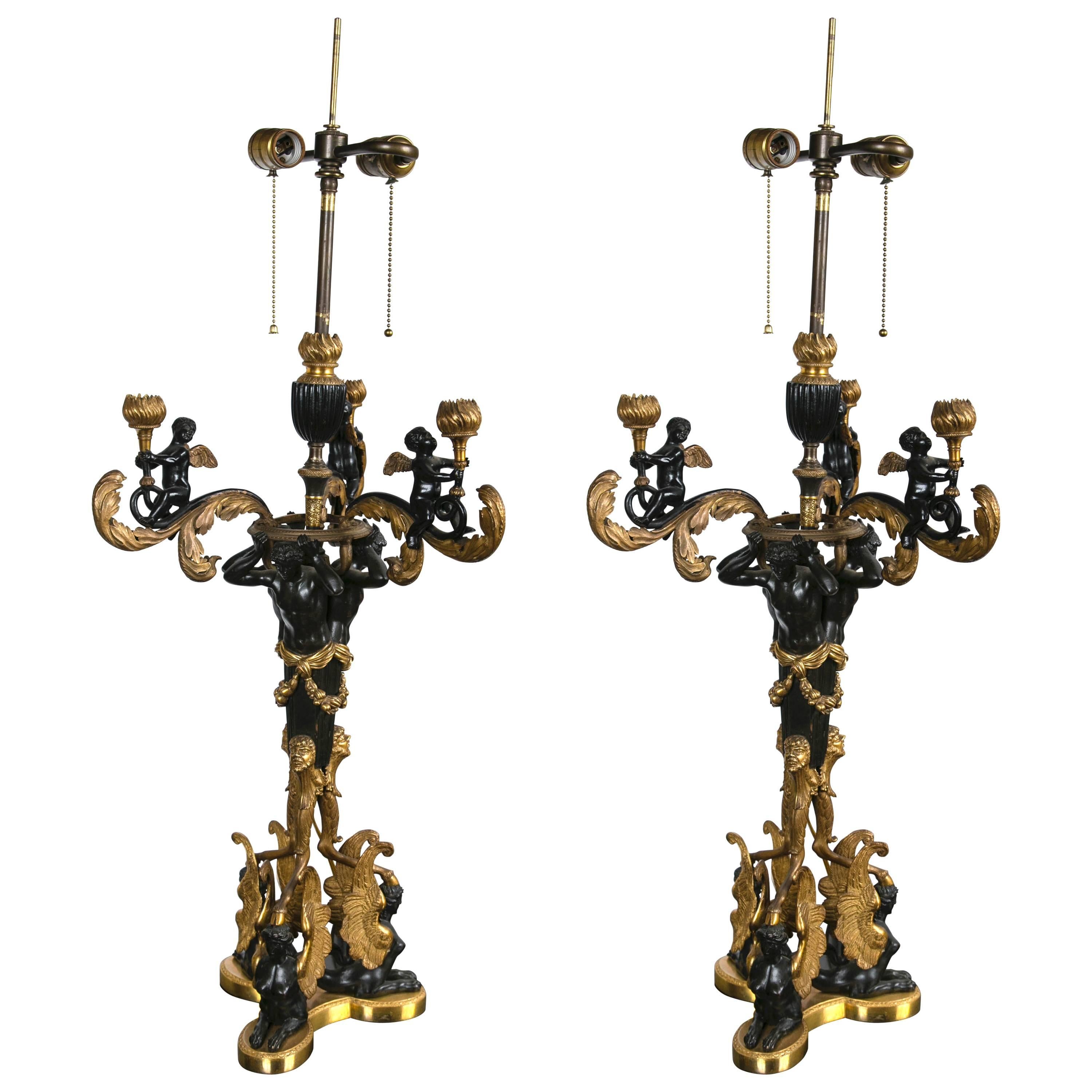 Excellent Quality Pair of Russian Gilt and Patinated Bronze Candelabra For Sale