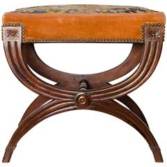 French Empire Style Mahogany Curule Base Stool with Needlework Top