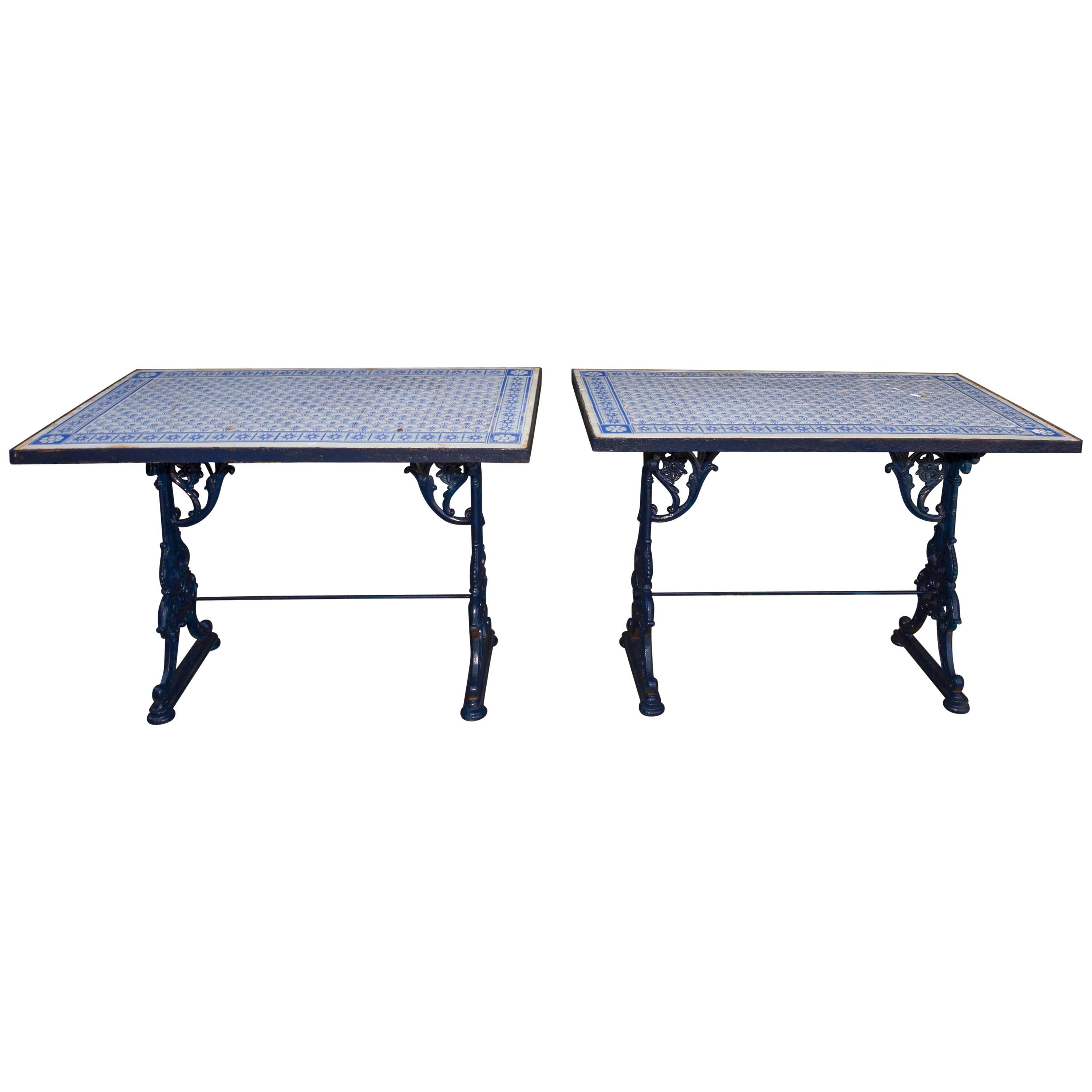 Pair of Iron Pub Table Consoles with Blue and White Tile Tops / Aesthetic Style