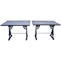 Antique Pair of Iron Pub Table Consoles with Blue and White Tile Tops / Aesthetic Style