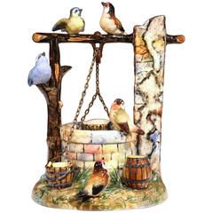 Antique 19th Century Hand-Painted Barbotine Well Sculpture with Birds Signed J. Massier