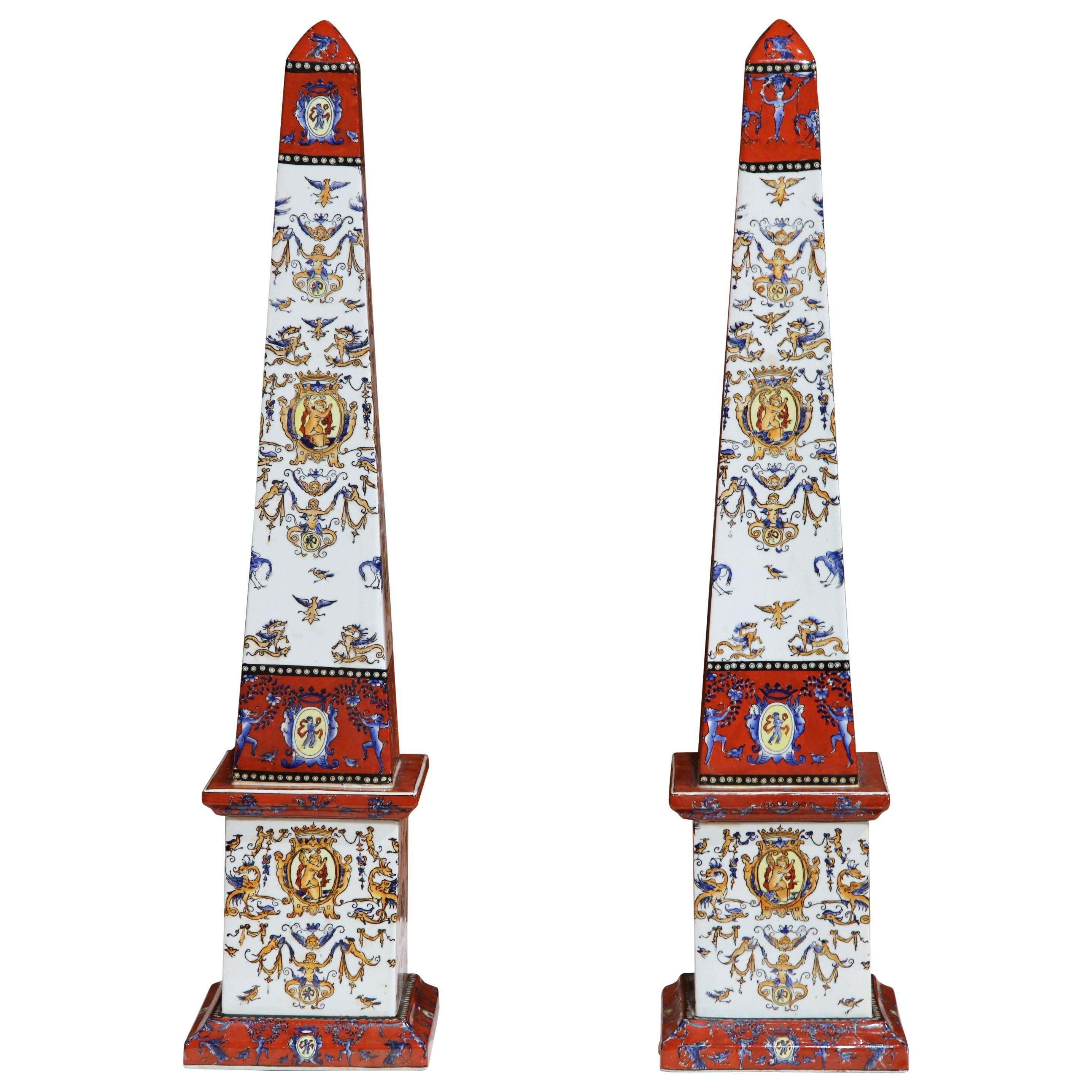 Pair of 19th Century French Hand-Painted Faience Obelisks from Gien