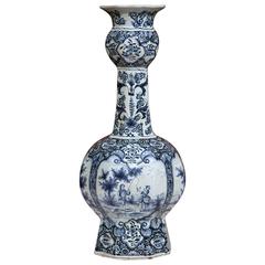 Tall 19th Century Blue and White Delft Vase with Courting and Windmill Scenes