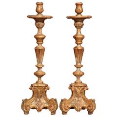 Pair of Early 20th Century Italian Carved Pricket Candlesticks with Gilt 12