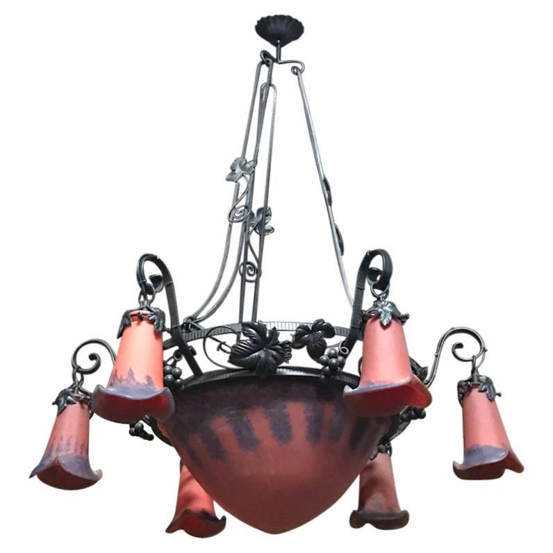 French Art Deco Red and Blue Chandelier For Sale