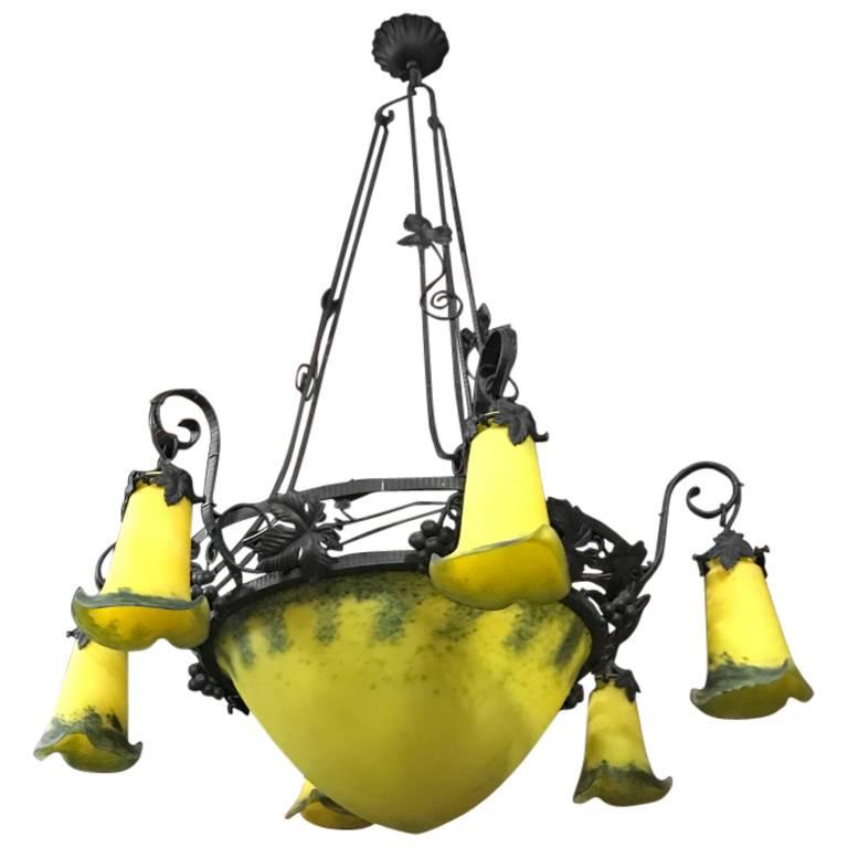 French Art Deco Yellow and Black Chandelier