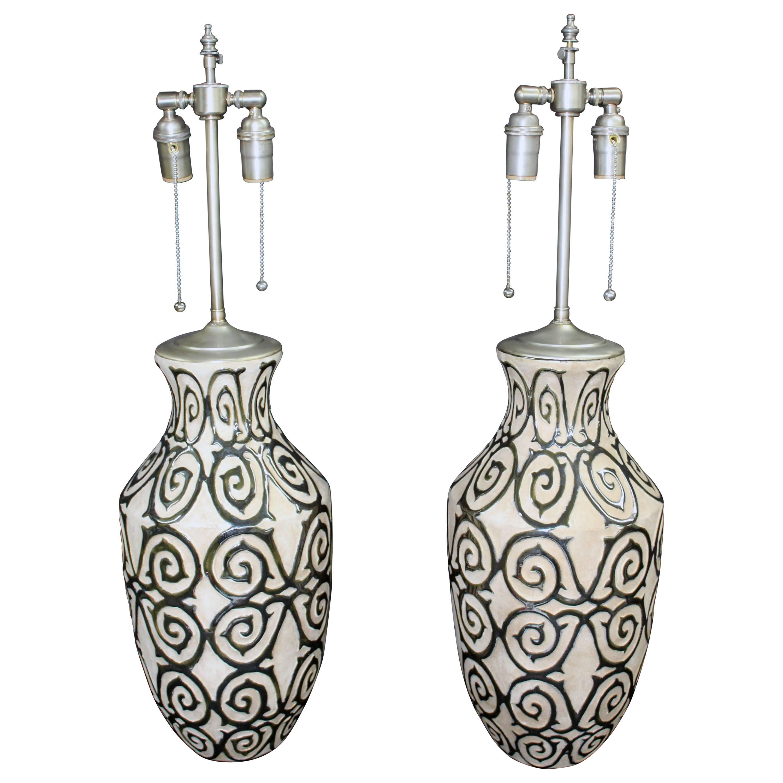 Elegant Pair of Pottery Vases with Silver Glazed Details and Lamp