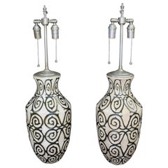 Elegant Pair of Pottery Vases with Silver Glazed Details and Lamp Application