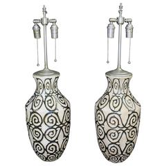 Elegant Pair of Pottery Vases with Silver Glazed Details and Lamp Application 1