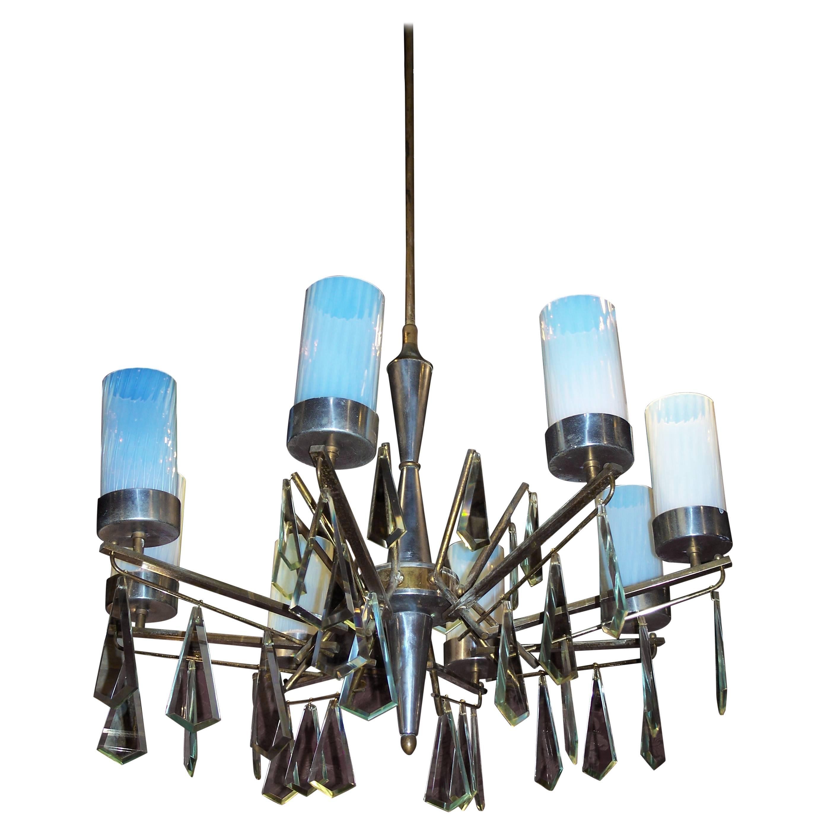 Vintage Eight-Arm Chandelier with Opal Glass Lampshade For Sale
