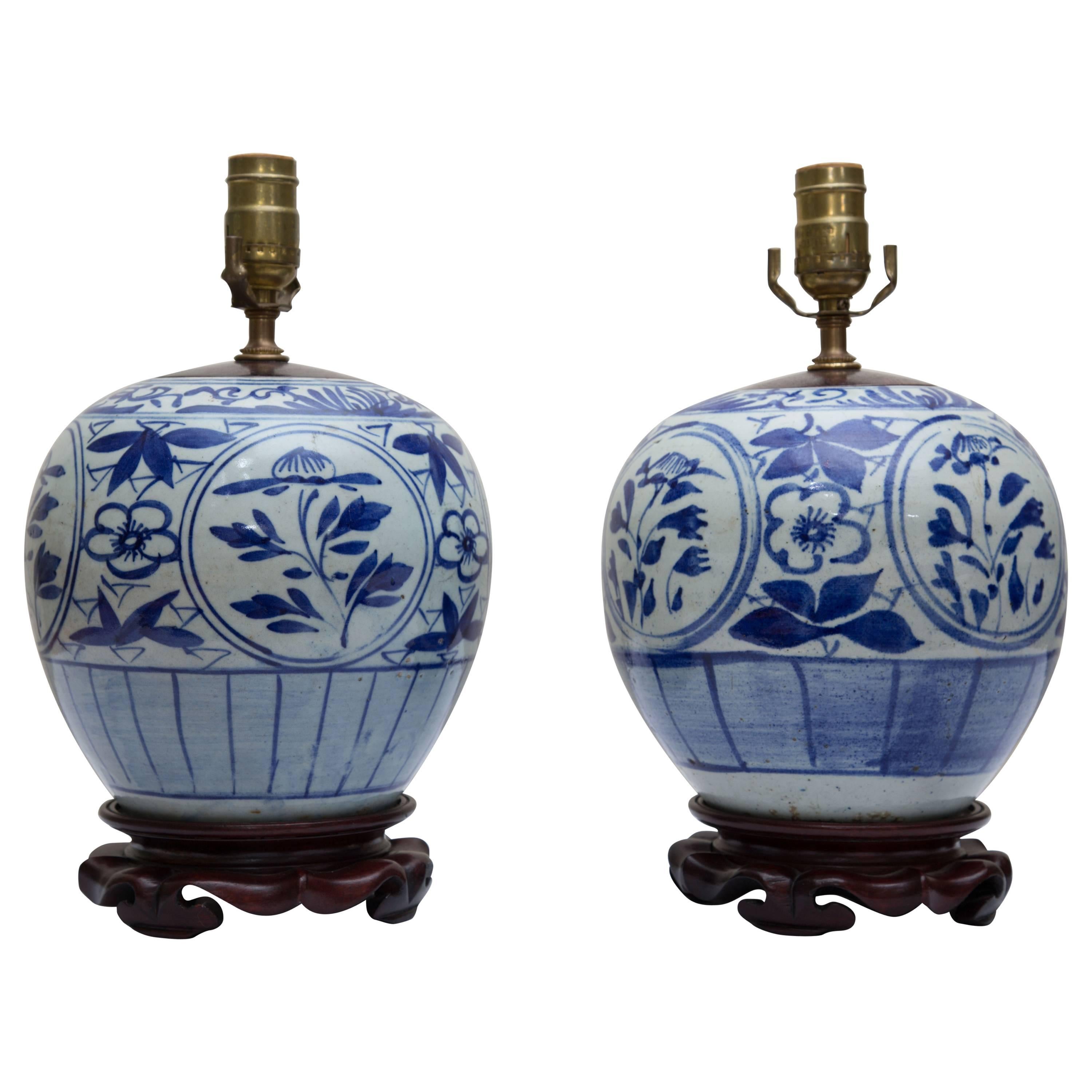 Late 19th Century Pair of Blue and White Melon Jars as Lamps