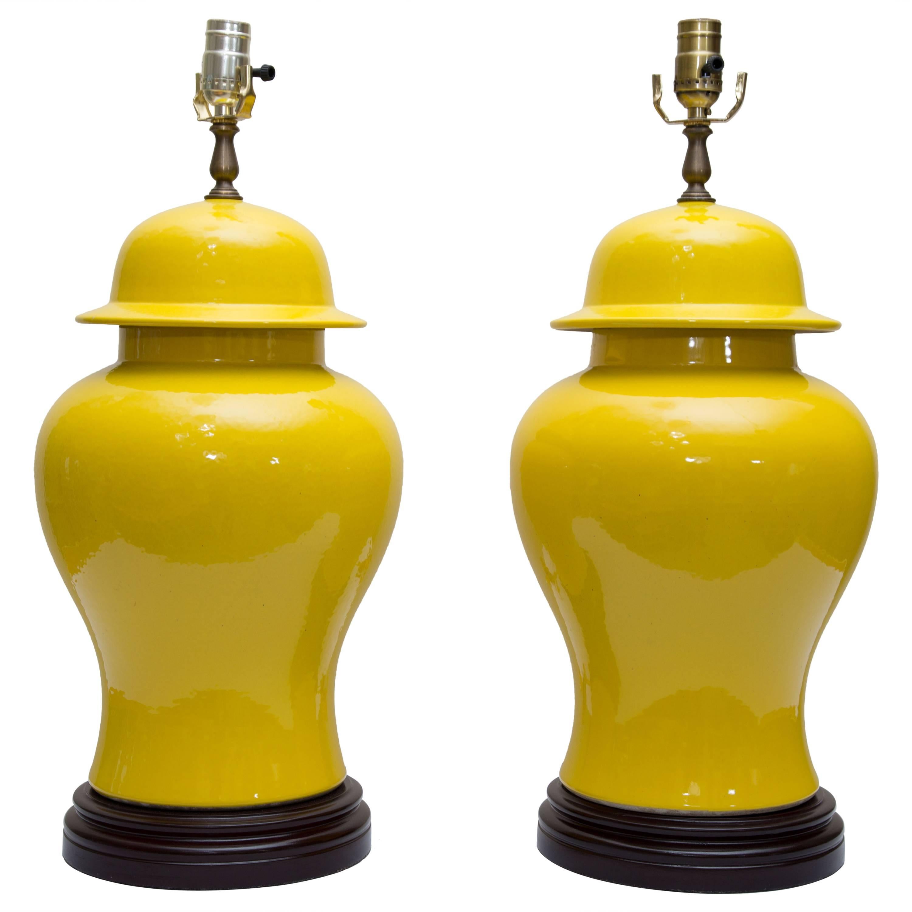 Pair of Yellow Asian Lidded Vases as Lamps