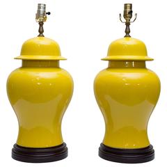 Pair of Yellow Asian Lidded Vases as Lamps 7