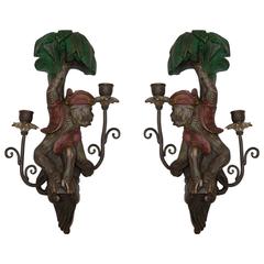 Vintage Pair of Whimsical of Hand-Carved and Painted Monkey Wall Sconces