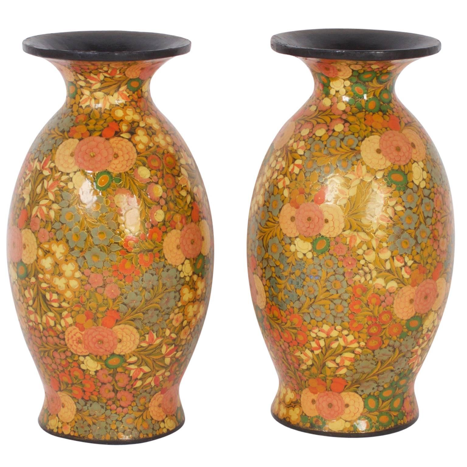 Pair of Kashmiri Papier Mâché and Lacquer Vases