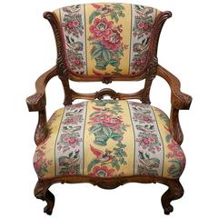 Antique 19th Century Louis XV Carved Walnut Fauteuil