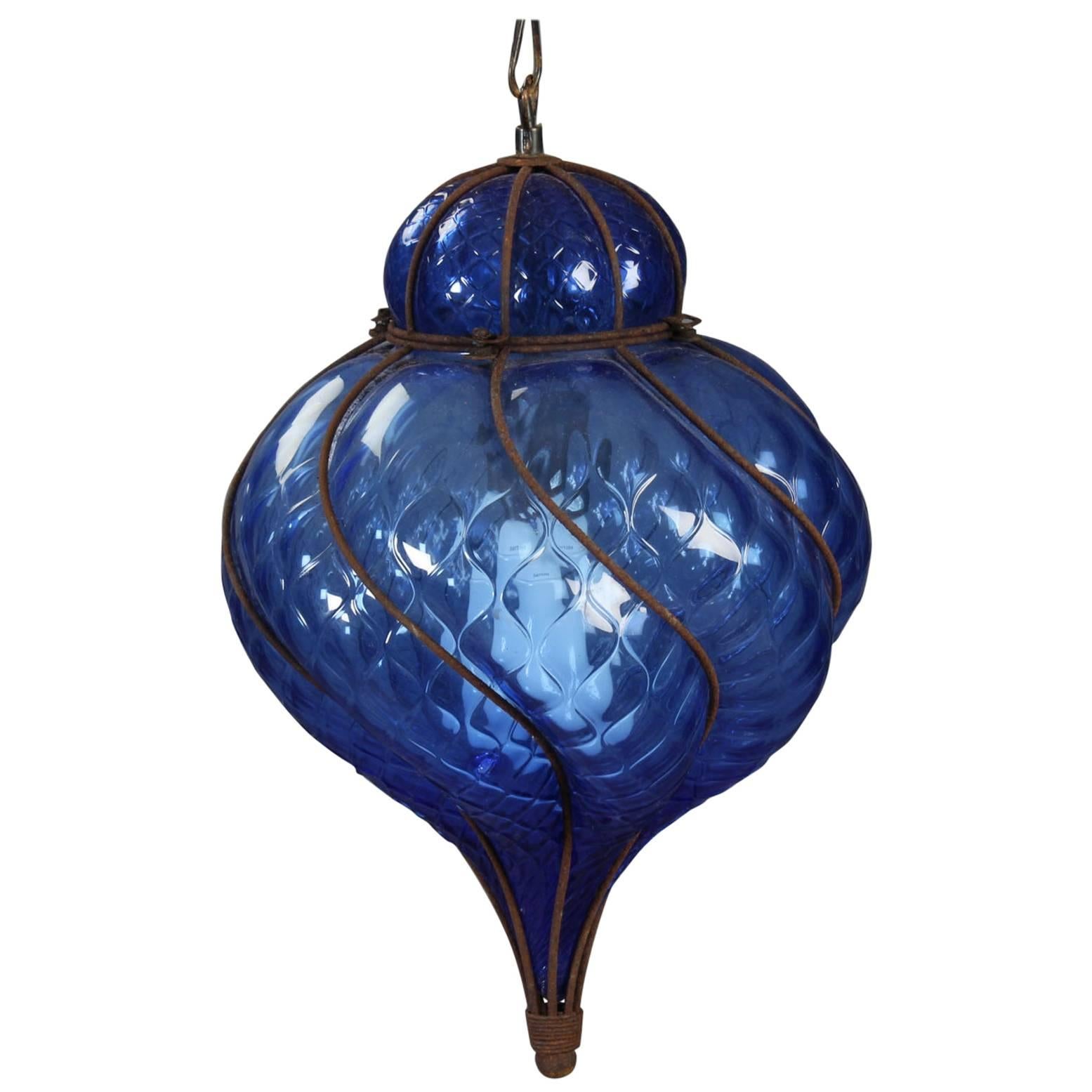 Seguso Murano Caged Cobalt Glass Pendant Light