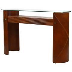 Vintage Mid-Century Modern Design Two-Tier Glass Top Leather-Clad Console Table