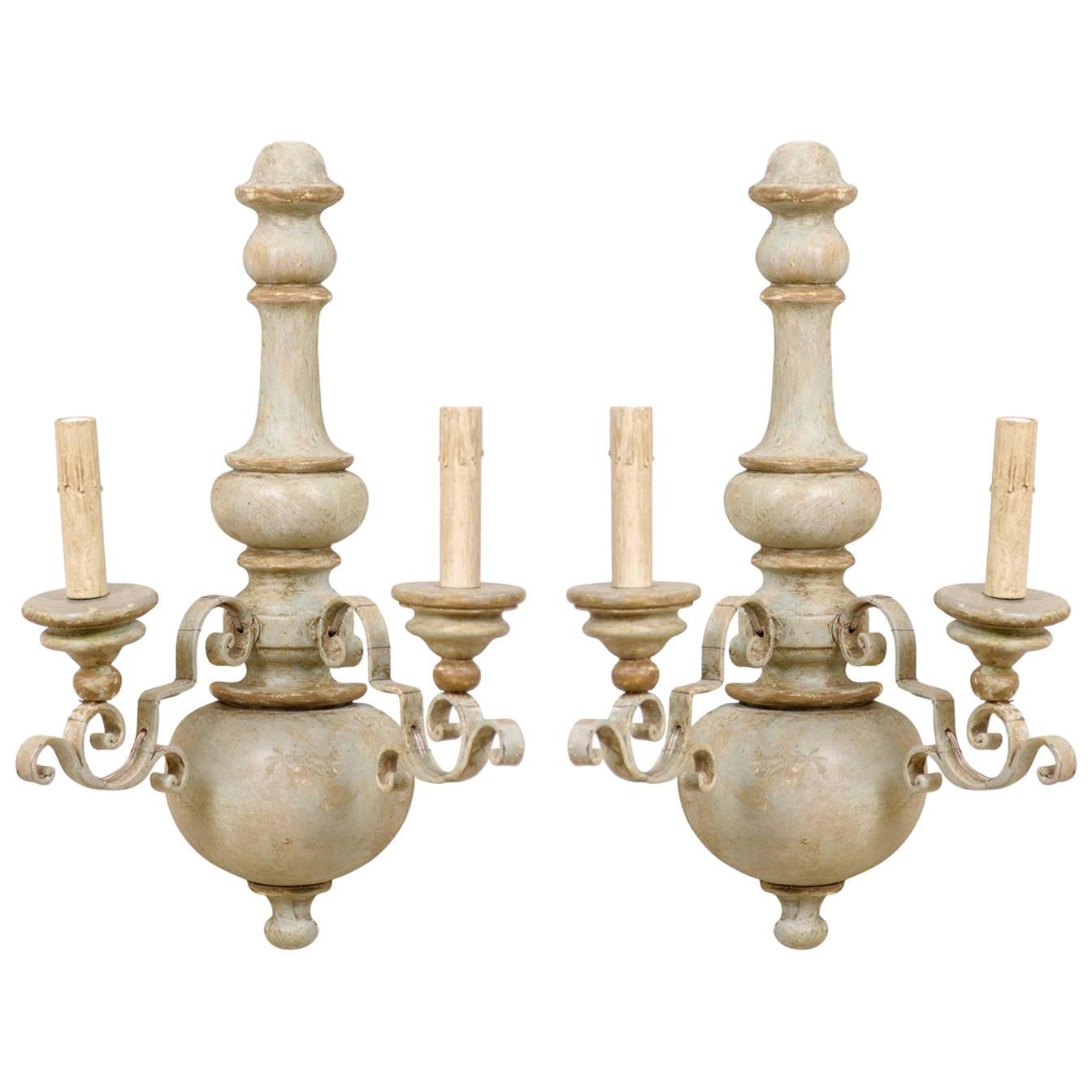 Pair of Painted Metal and Turned Wood Two-Light Sconces with Ornate Scroll Arms