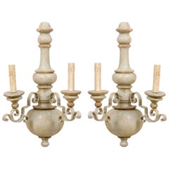 Pair of Painted Metal and Turned Wood Two-Light Sconces with Ornate Scroll Arms