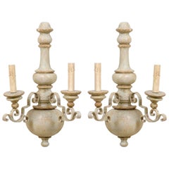 Pair of Painted Metal and Turned Wood Two-Light Sconces with Ornate Scroll Arms