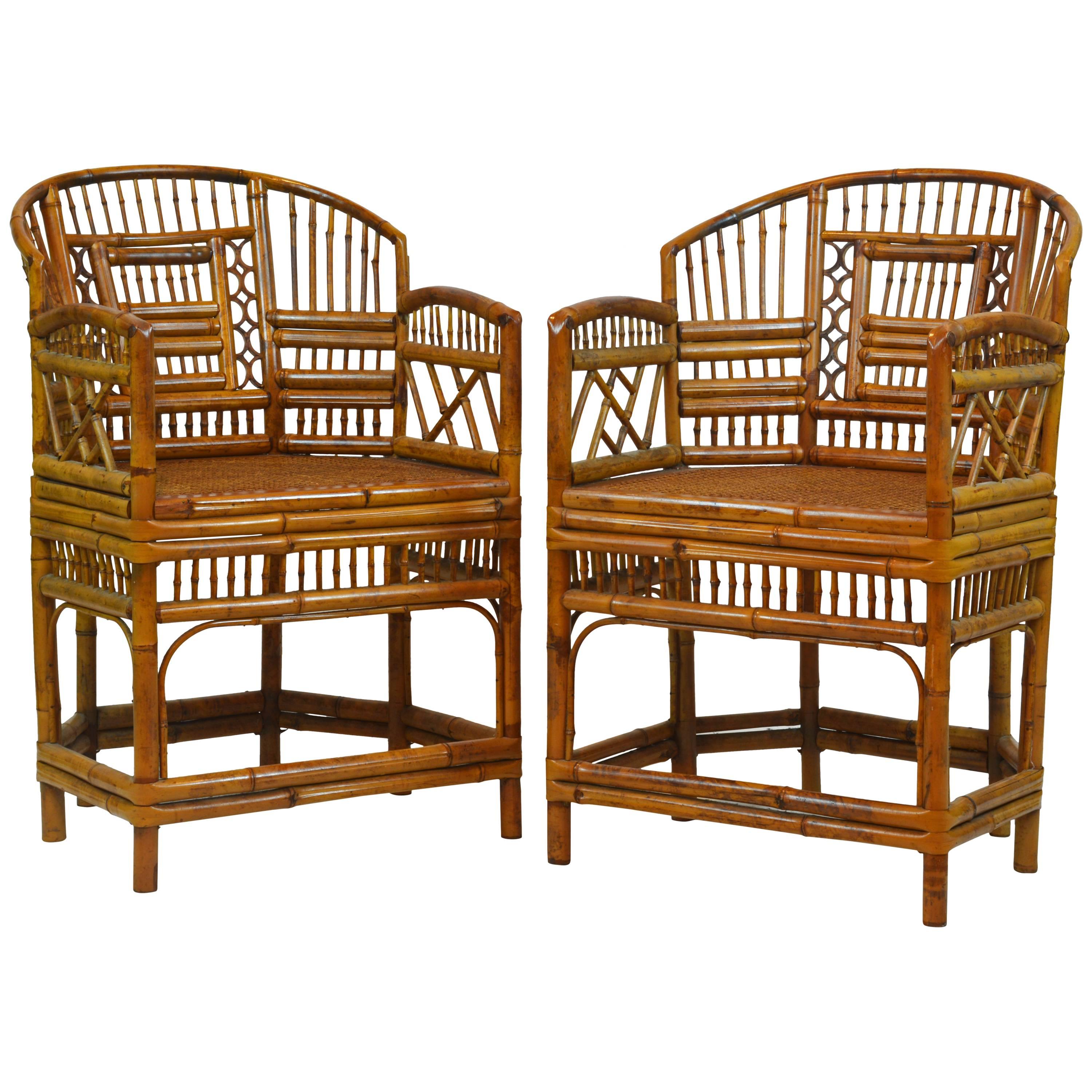 Pair of Vintage Brighton Pavillion Style Chinoiserie Bamboo Rattan Armchairs