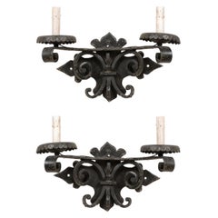 Pair of Spanish Black Forged Iron Two-Light Sconces with Metal Bobèches
