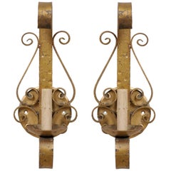 Pair of Spanish Forged Iron Gold Painted Wall Sconces with Single Light