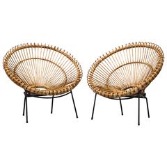 Vintage Pair of Franco Albini Inspired Bamboo Bucket Lounge Chairs