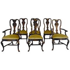 Antique Set of Six Black Chinioserie Dining Chairs