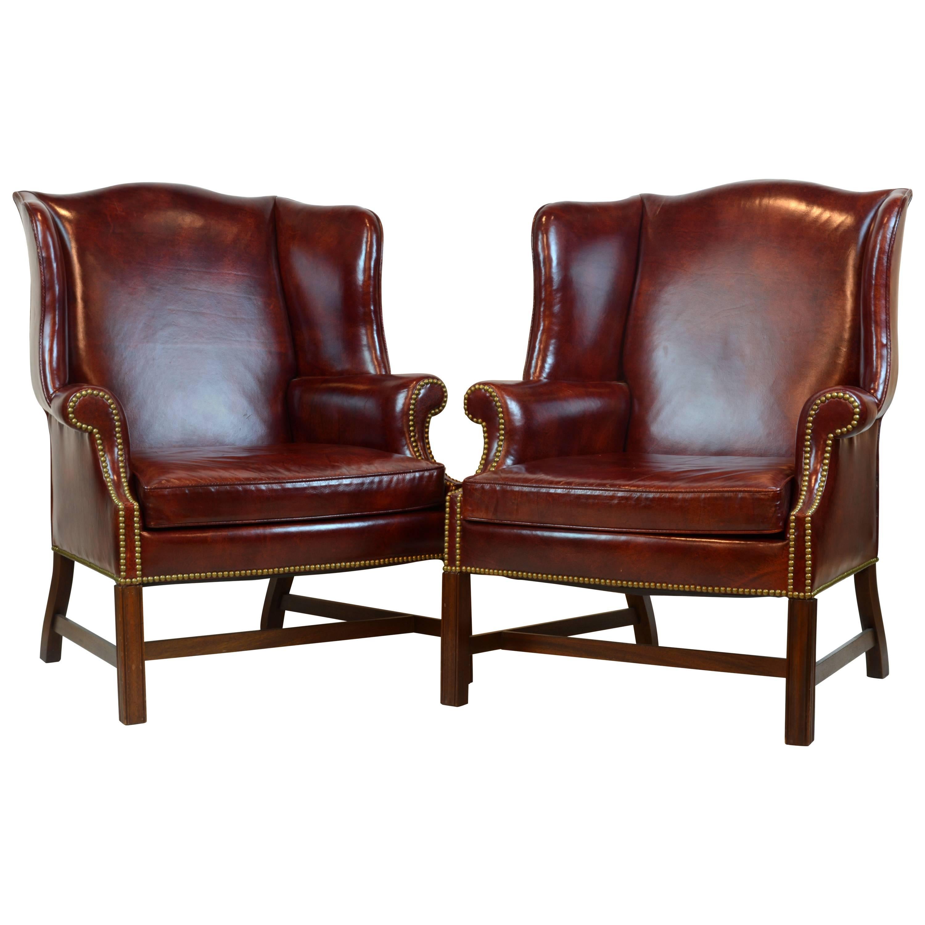 Pair of Comfortable Vintage George III Style Leather Covered Wingback Chairs