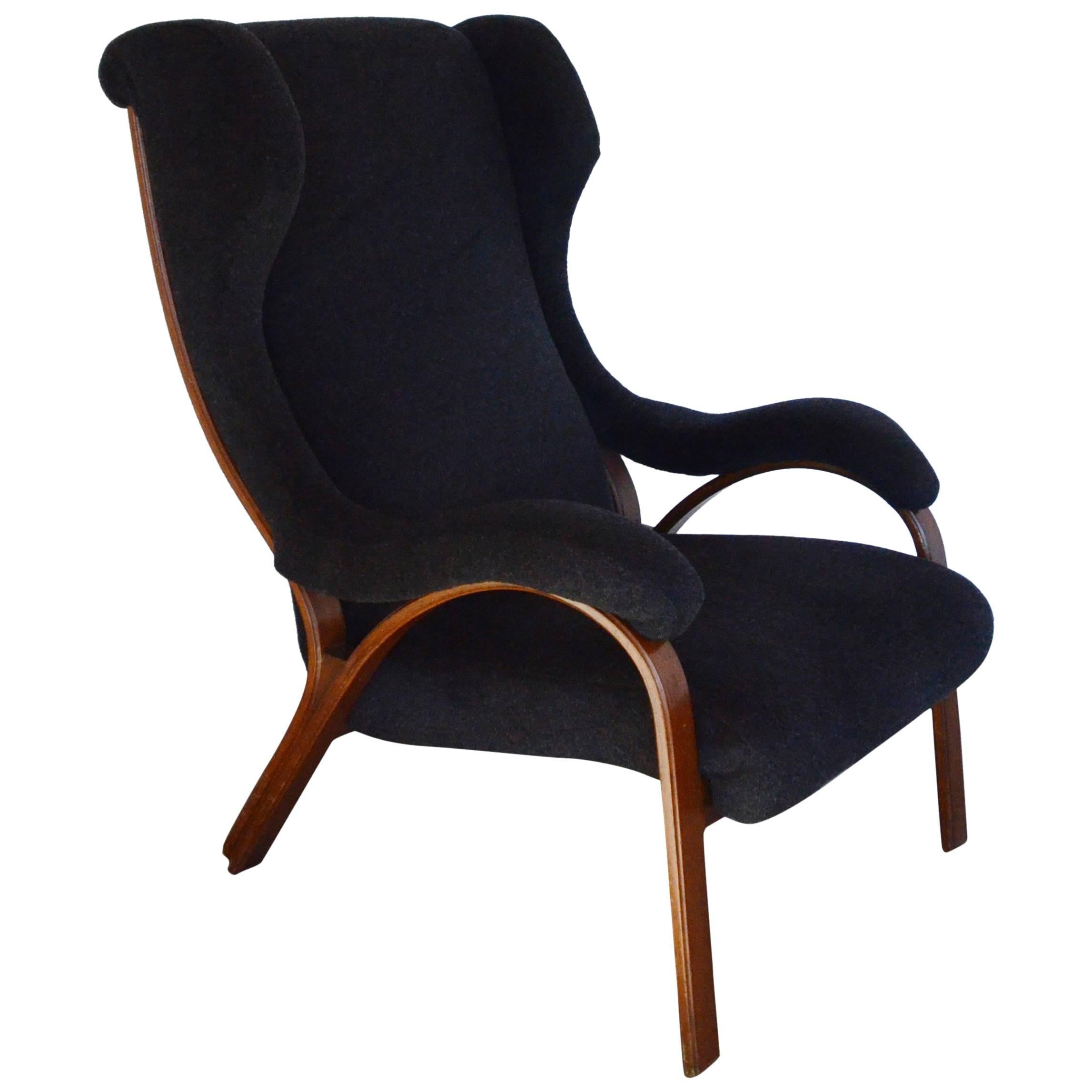 Mid-Century Italian Chair with Partial Wingback in Black Mohair