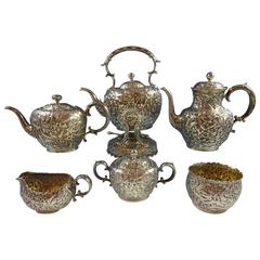 Vintage Repousse by Whiting Sterling Silver Tea Set of Six Pieces Flowers and Scrollwork