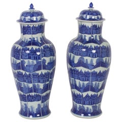 Elegant Pair of Blue and White Chinese Export Style Porcelain Lidded Jars
