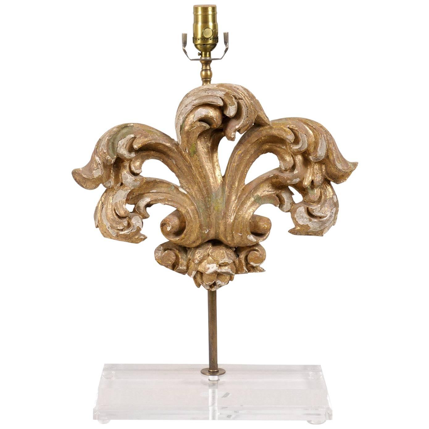 Italian Gilt Wood Fragment Table Lamp Featuring Acanthus Leaf Motifs