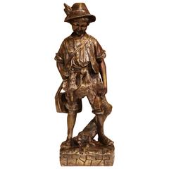 Mid-20th Century French Bronze Sculpture of Young Hunter with Birds and Rabbit