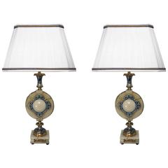Pair of Vintage French Gilt Bronze, Cloisonné and Onyx Table Lamps