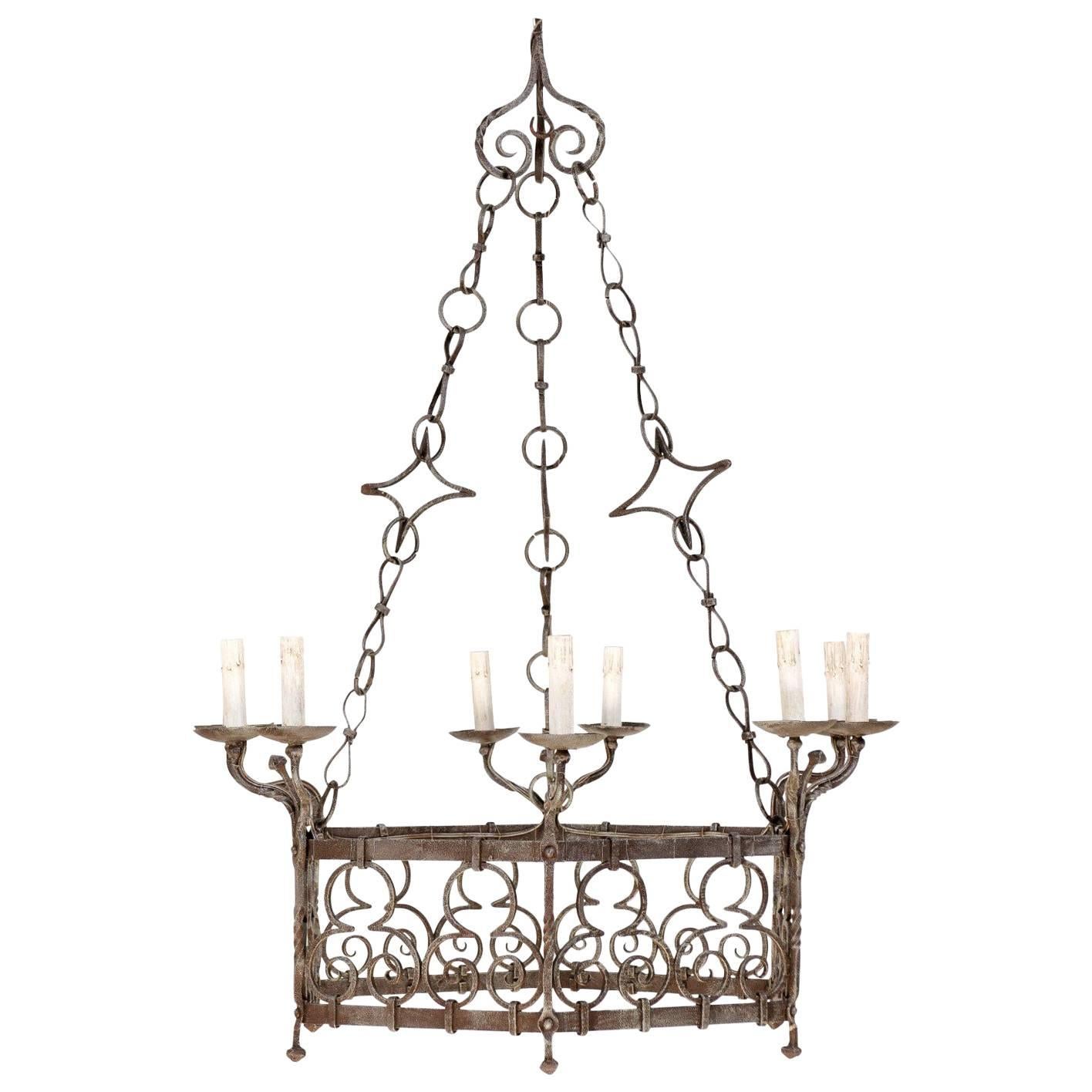 A Beautiful French Gothic Style Nine Light Vintage Iron Chandelier, Rewired