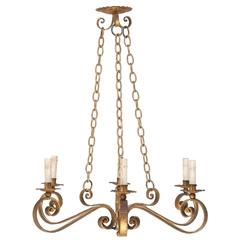 Spanish Gilded Iron 19th Century Six-Light Chandelier with Scroll Arms