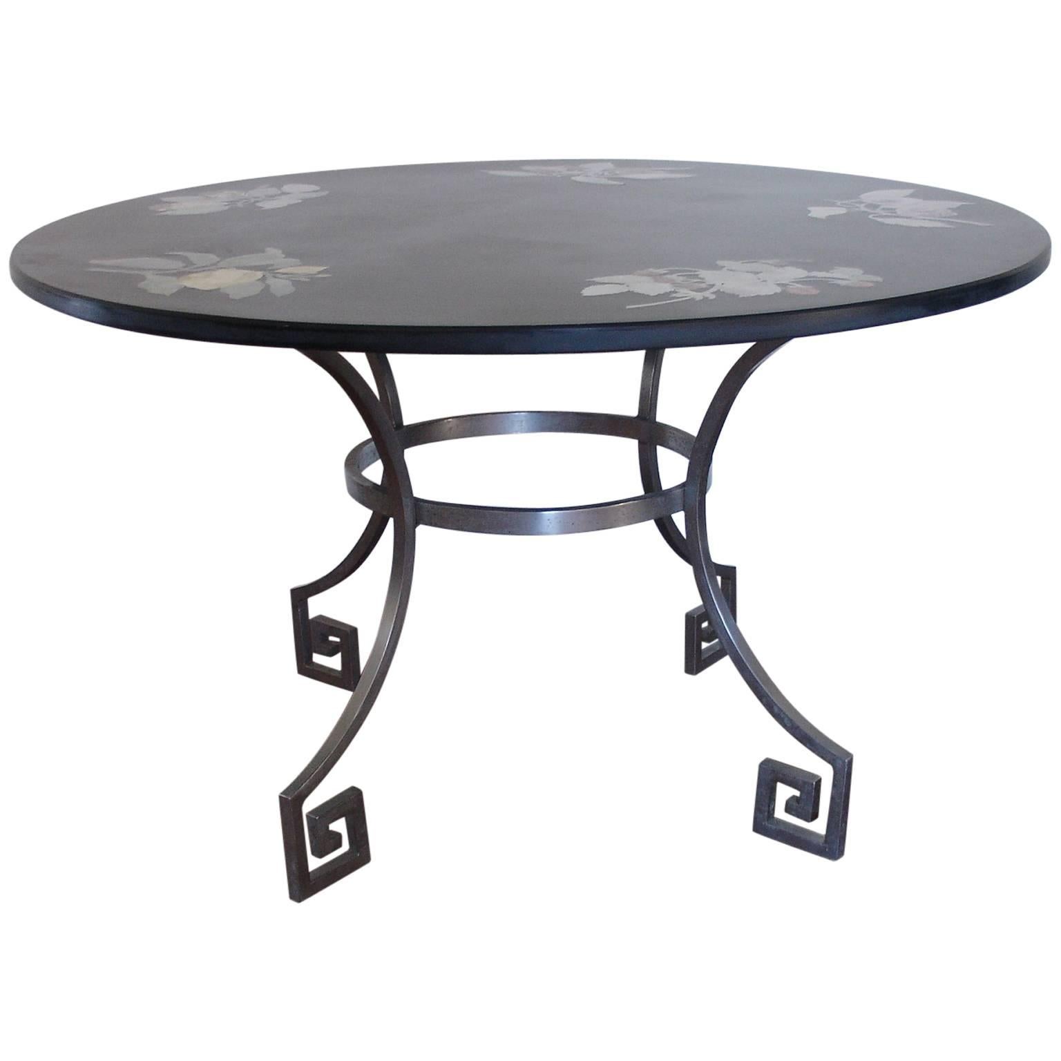 Polished Slate Top Table with Inset Flower Motifs on Steel Base, Italian, 1961