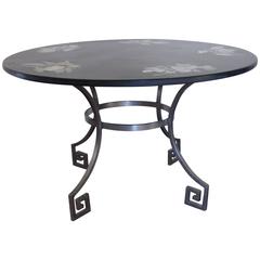 Polished Slate Top Table with Inset Flower Motifs on Steel Base, Italian, 1961