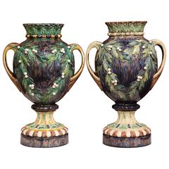  Pair of 19th Century French Hand-Painted Barbotine Vases from Thomas Sergent